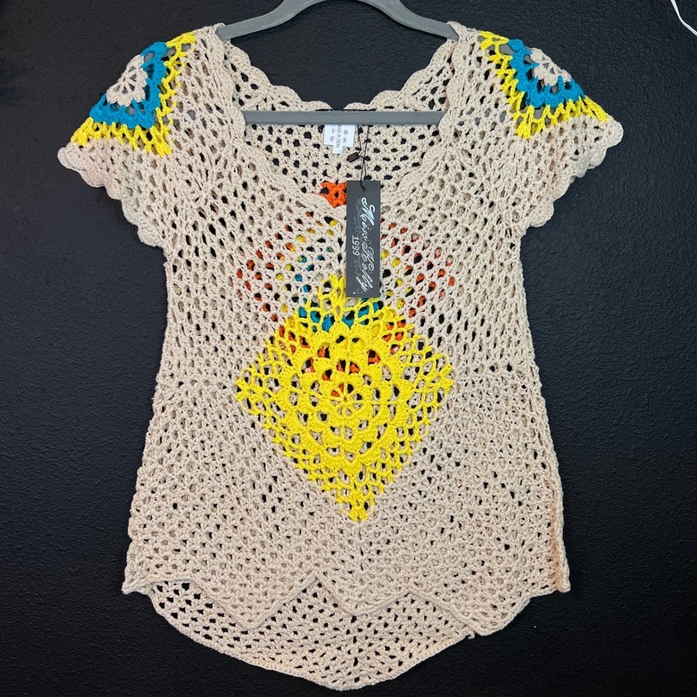 Miss Kelly 1999 Crochet Top Boho Open Knit Festival Granny‎ Square Shirt S/M NWT